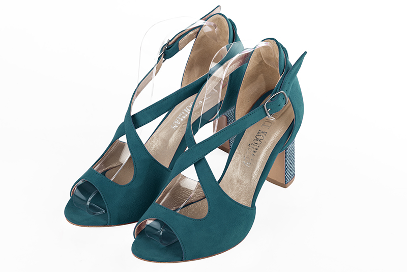Peacock blue women's closed back sandals, with crossed straps. Round toe. High kitten heels. Front view - Florence KOOIJMAN